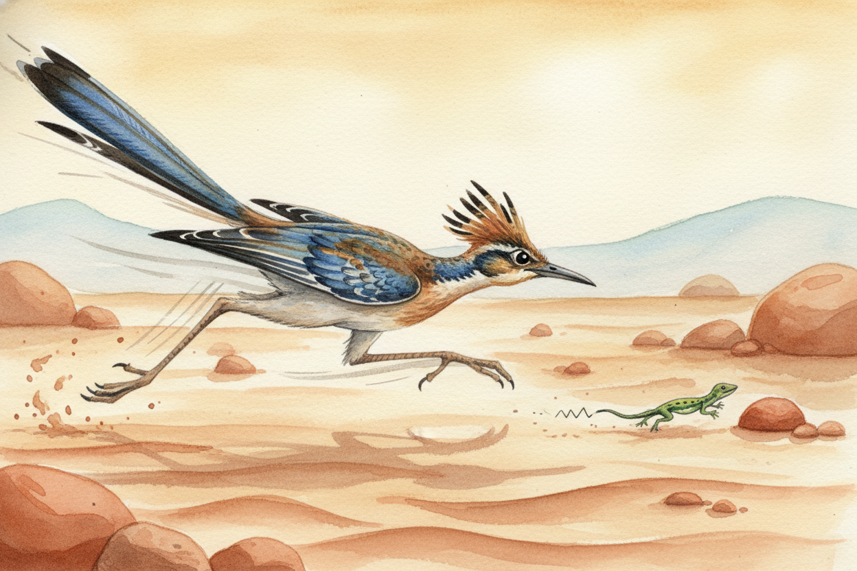 The roadrunner sprints across the sand hunting lizards, ~~its legs so fast they blur~~. It can run **25 miles per hour**