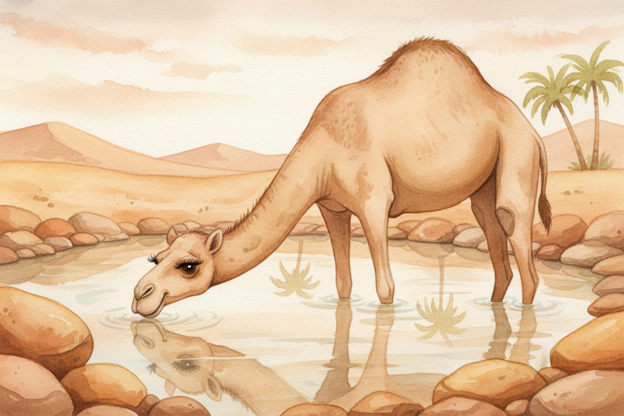 Camels are **walking water tanks**. They can drink ~~30 gallons in one go~~ — *enough to fill a bathtub* — and their hum