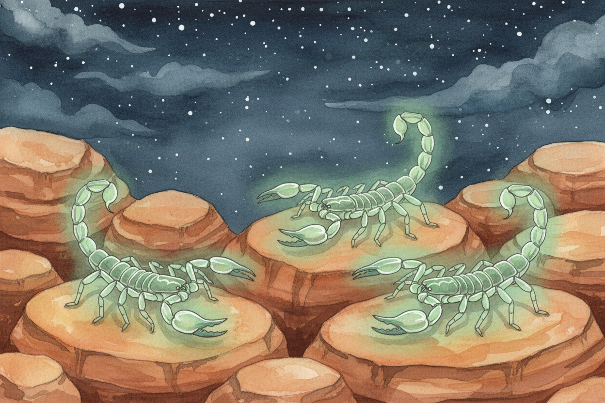 Scorpions ~~glow under ultraviolet light~~ — *scientists still don't know exactly why*. They hunt at night, grabbing ins