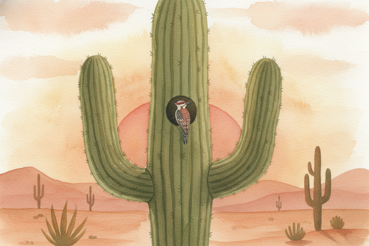Even plants have desert tricks. The ++saguaro cactus++ **grows arms like a person** and lives for *200 years*, storing w