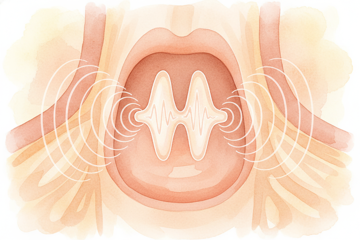 Start with what one voice actually does. When you sing, your vocal cords vibrate — they flap back and forth **hundreds o