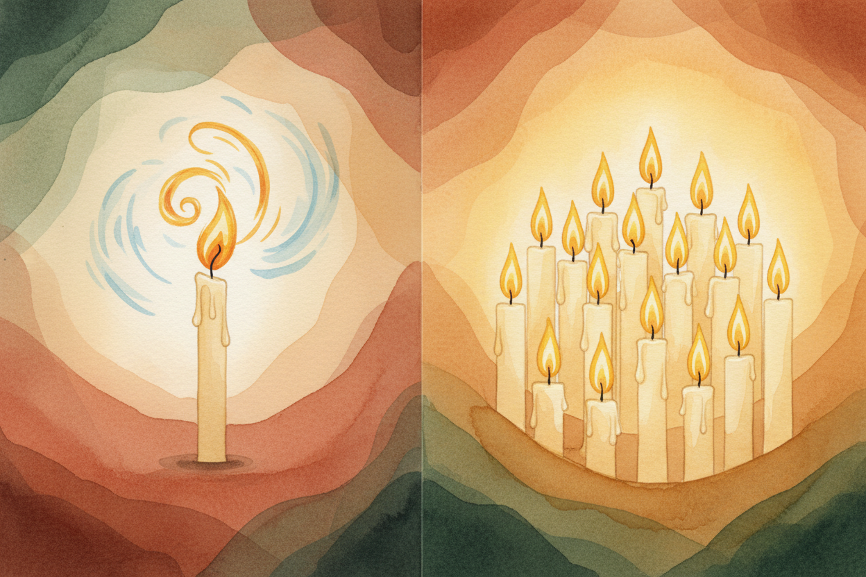 It's like comparing **one candle to twenty candles** burning side by side. One candle flickers in the breeze — the flame