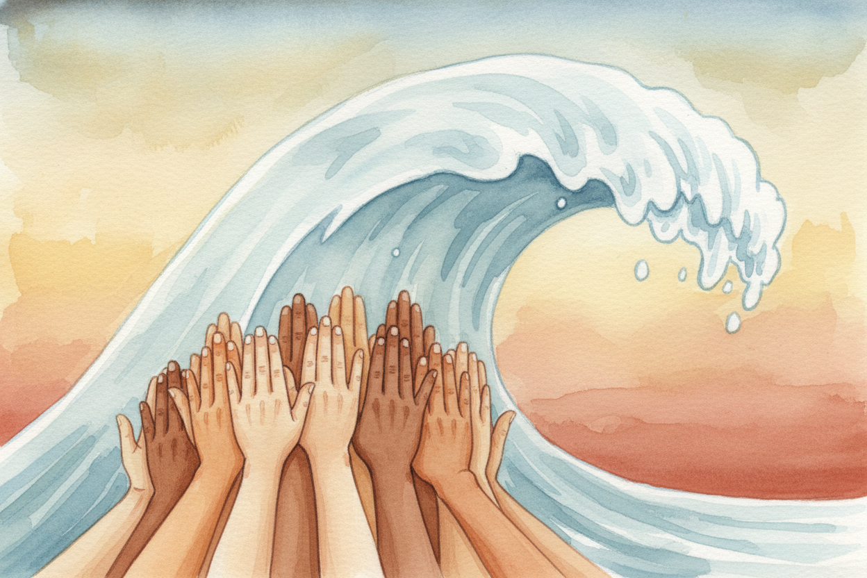 And the sound waves themselves pile up. Remember, *sound is just air molecules getting pushed*. One voice pushes a littl