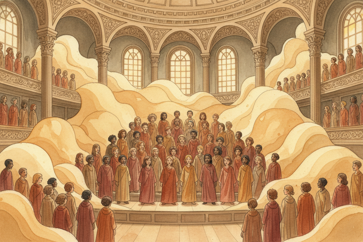 So a choir sounds bigger because it is bigger — not just in the number of people, but in **how the sound behaves**. *The