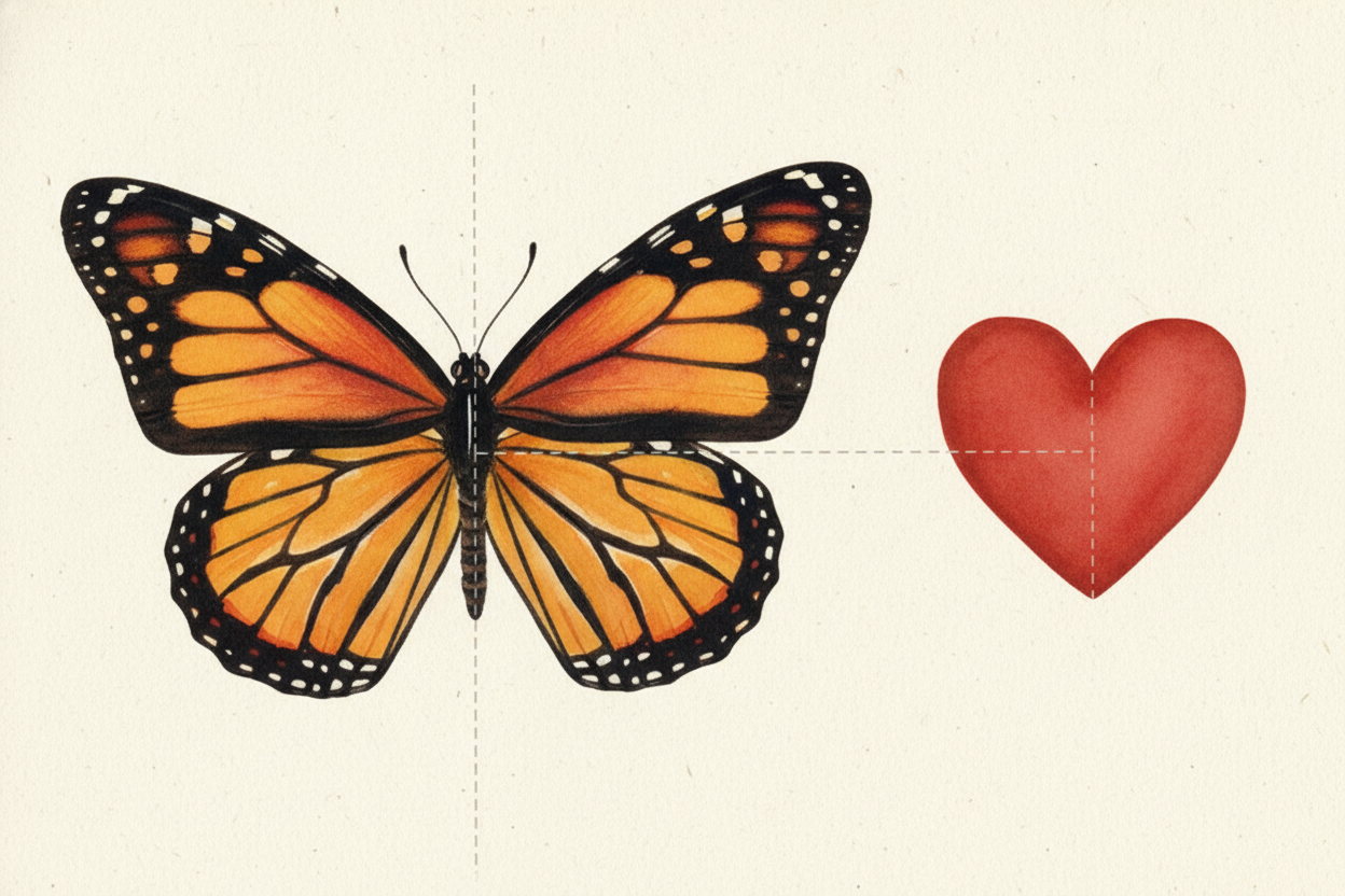 The simplest kind is reflection symmetry — ~~like that mirror trick~~. If you could fold a shape along a line and both h
