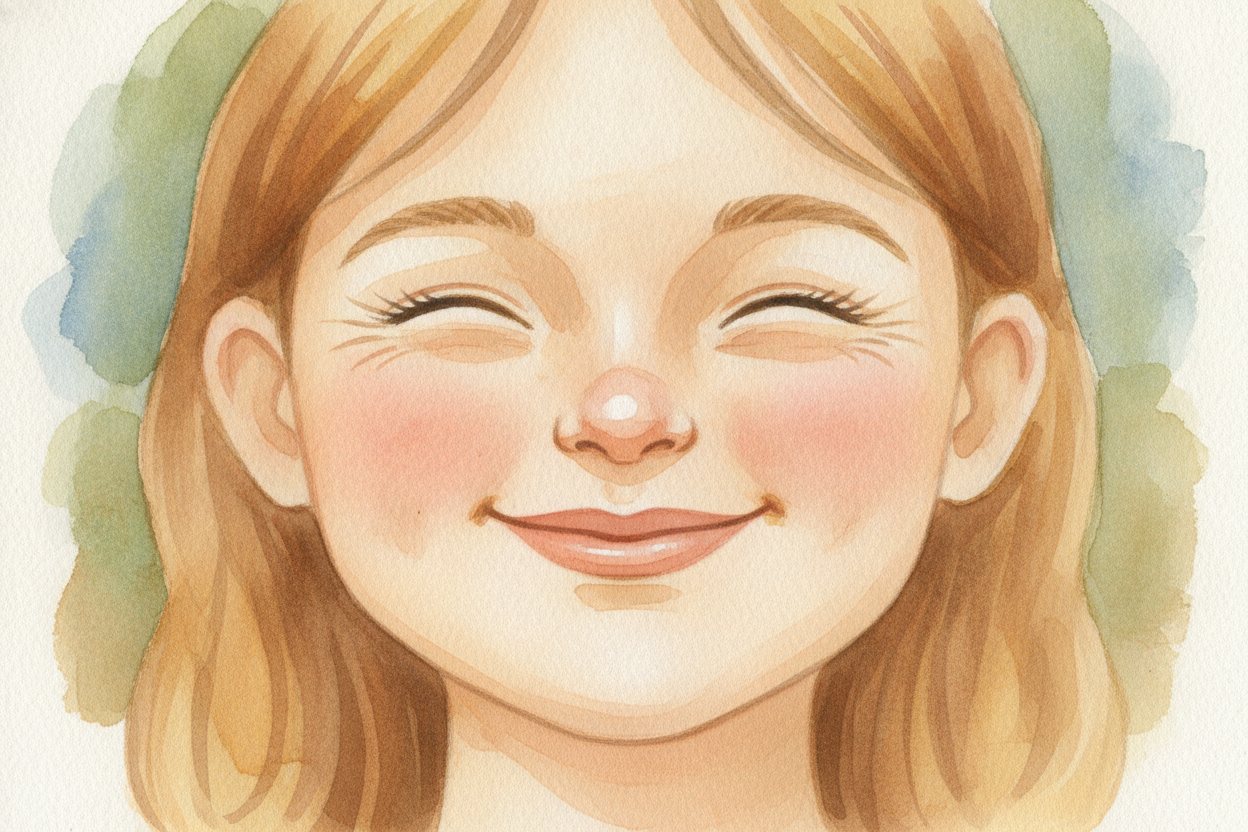 먼저 얼굴 자체부터 살펴봅시다. ~~진짜로,~~ 참을 수 없이 터져 나오는 미소는 **두 근육을 한꺼번에** 씁니다. 하나는 입꼬리를 위로 끌어올리고, 다른 하나는 눈가 피부를 _살짝 주름지게_ 하지요. 그 눈가 주