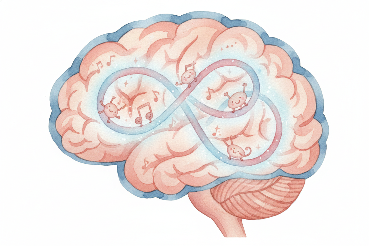 Your brain has a **special loop system** for music, kind of like a *practice track for rehearsing* things you need to re