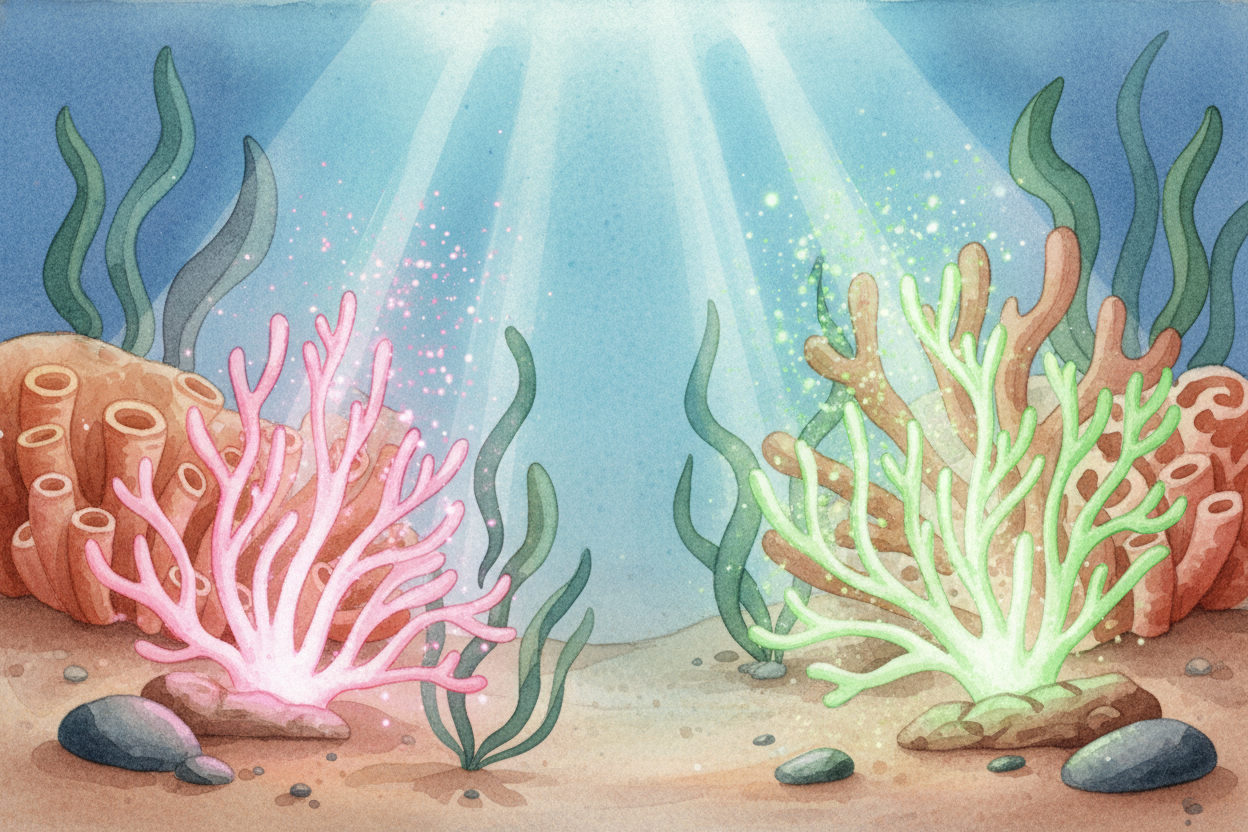The brightest corals have extra tricks. Some produce ++fluorescent proteins++—molecules that **absorb one color of light