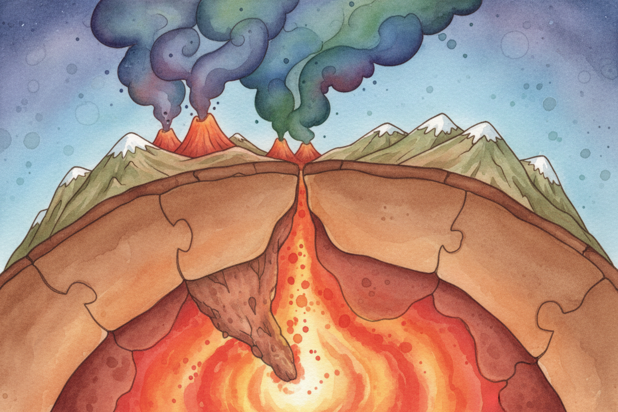 Don't forget ++plate tectonics++. Earth's outer shell is **cracked into giant pieces** that slowly drift around, collidi