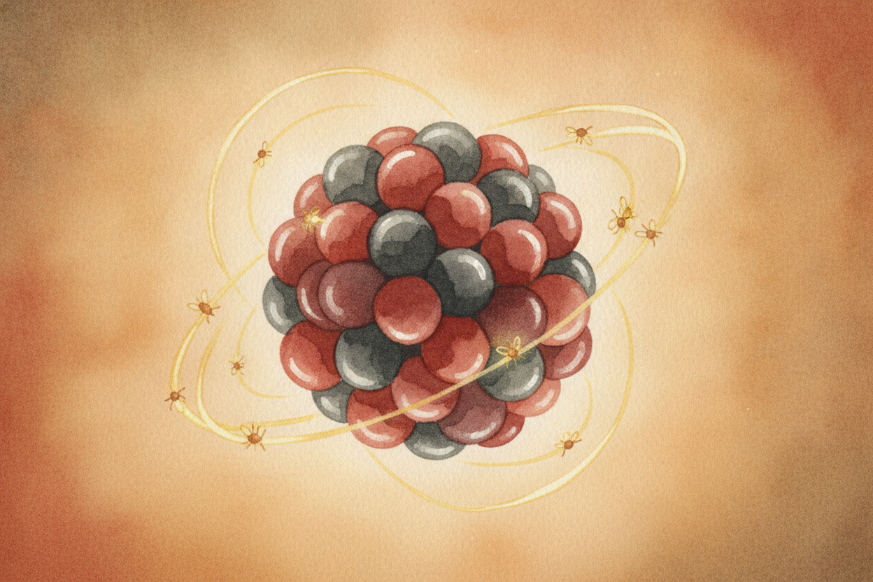 Those three ingredients are ++protons, neutrons, and electrons++. Picture a **busy little ball** at the center, packed w