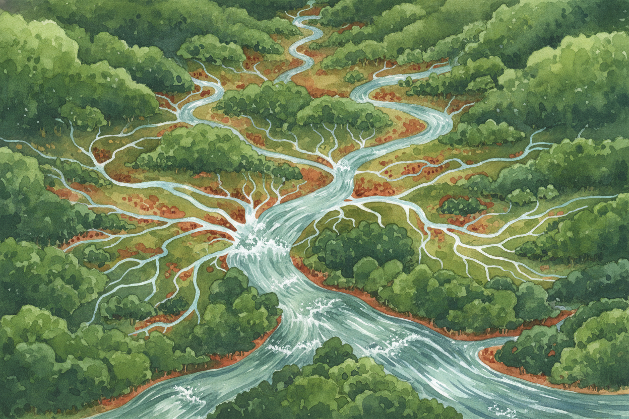 It starts with the ++Iguazú River++, fed by hundreds of streams from the Brazilian highlands. By the time all that water