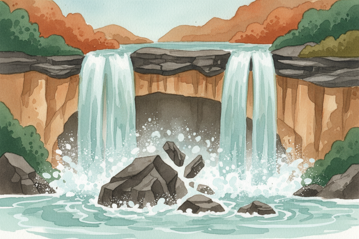 ~~Here's where it gets interesting.~~ Below that basalt is *softer sandstone*. For thousands of years, the falling water