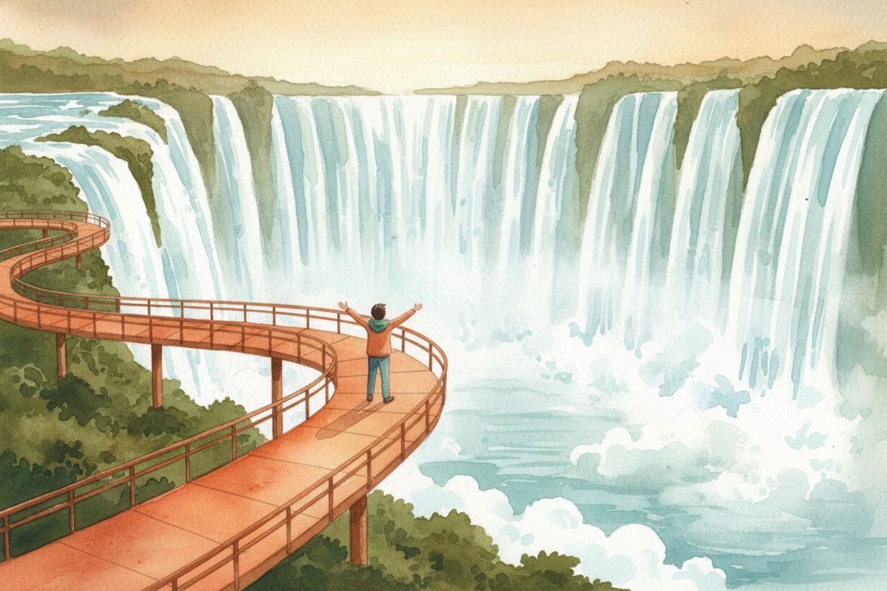 So ++Iguazú++ is huge because everything lined up: a river fed by an entire highland, a basalt shelf that makes a perfec