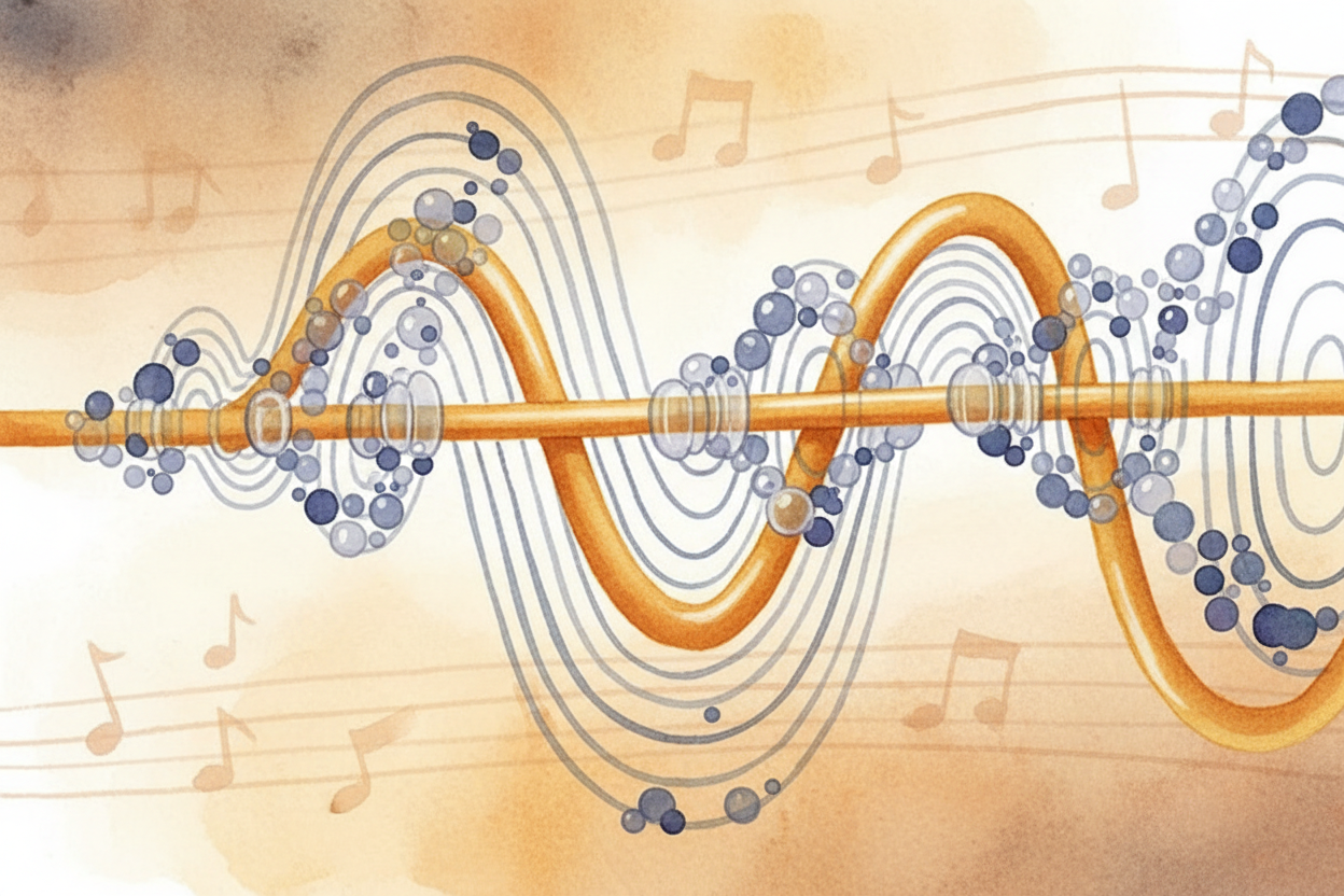 Sound is really just **air molecules bumping into each other** in waves, ~~like ripples spreading across a pond~~. When 
