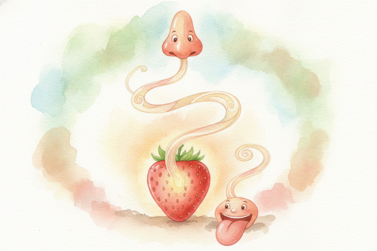 ~~But here's a twist:~~ your tongue isn't the whole story. Most of "flavor" actually **floats up the back of your throat