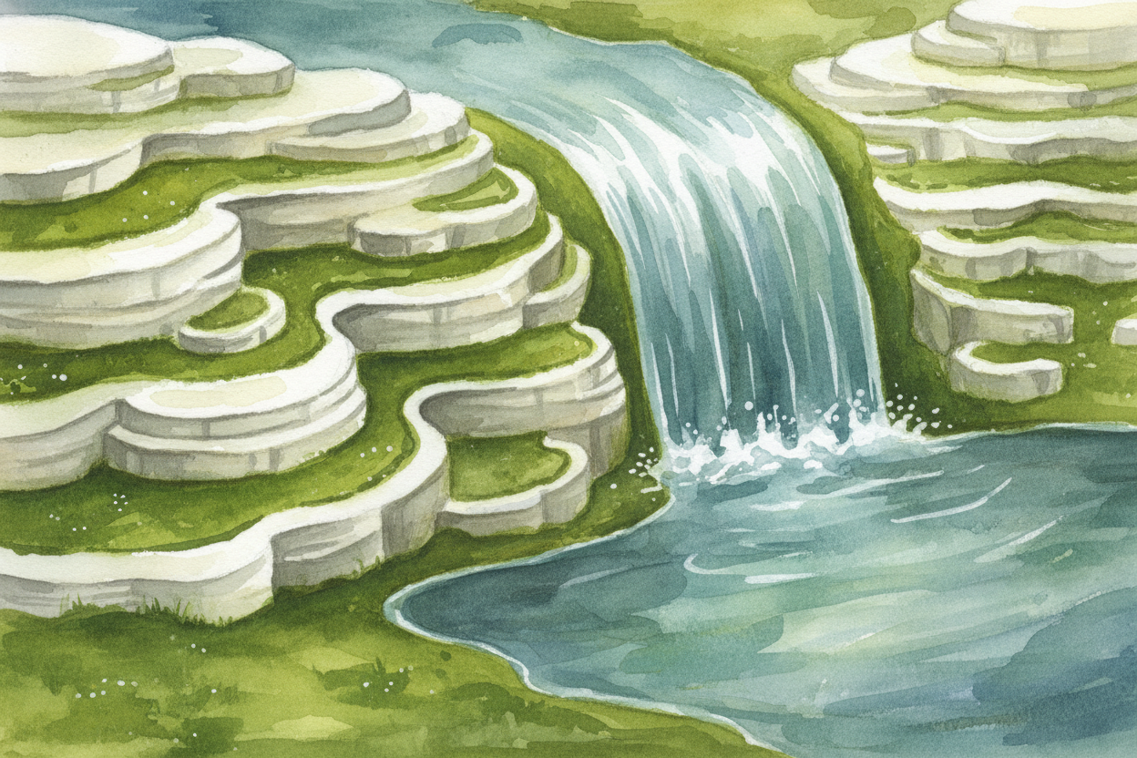 The limestone builds up into dams, ridges, and curtains — **natural architecture** that blocks the water and creates new