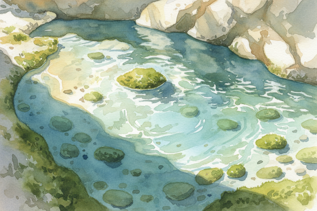In shallow areas, the limestone bottom **acts like a mirror**. *Sunlight bounces off the white stone* and back up throug