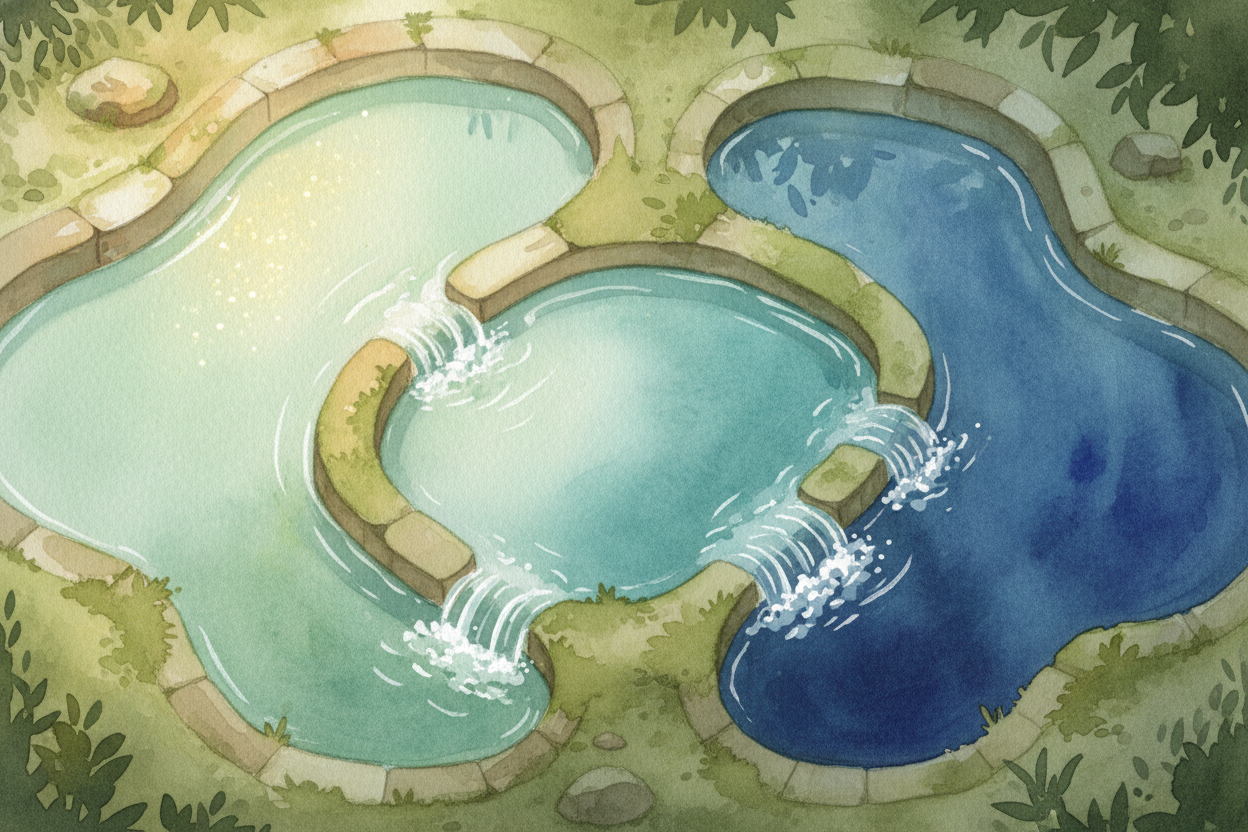 Add minerals from upstream — iron, magnesium, organic matter from decomposing leaves — and the palette expands. One lake