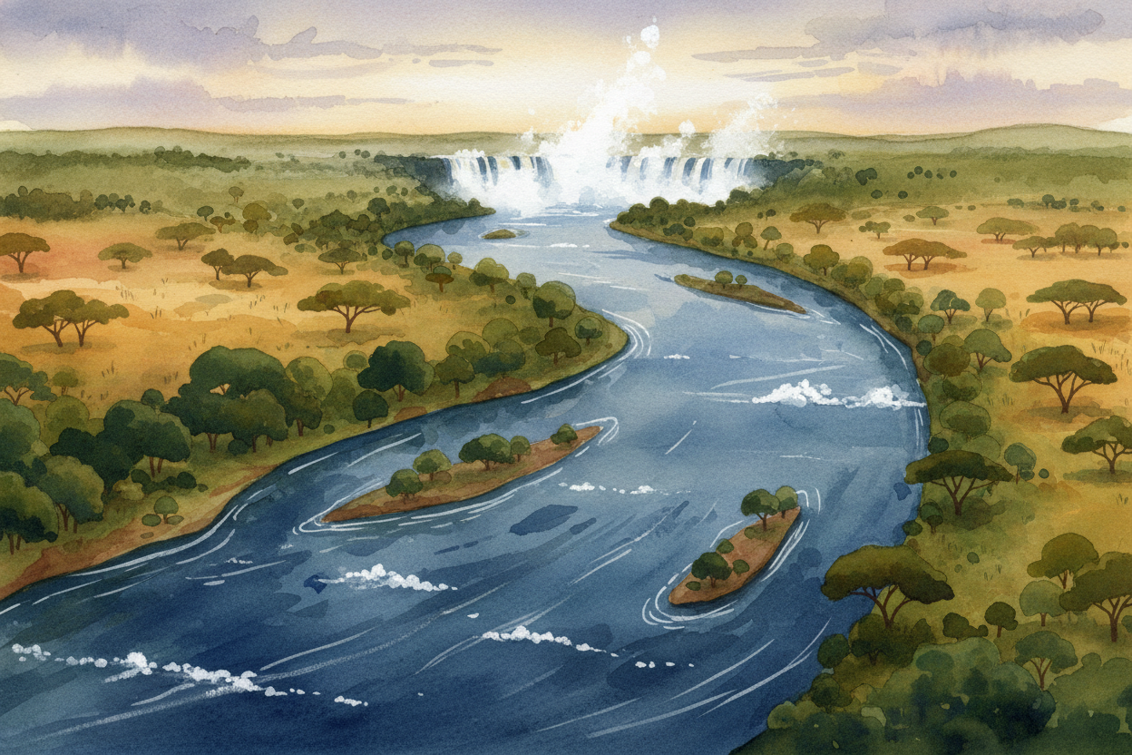 First, there's the sheer amount of water. The ++Zambezi River++ — one of Africa's biggest — flows wide and steady for hu
