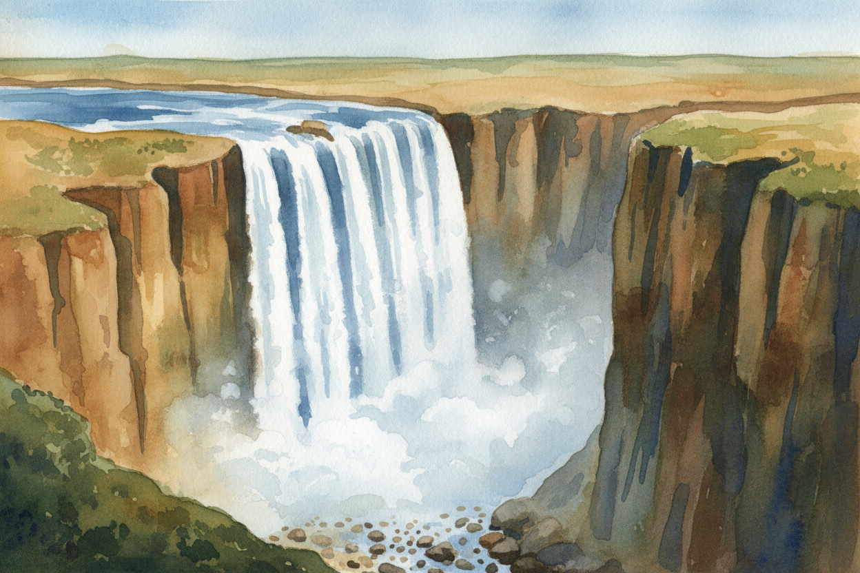 At the falls, the river suddenly drops **355 feet straight down** — taller than a football field standing on end. ~~It's