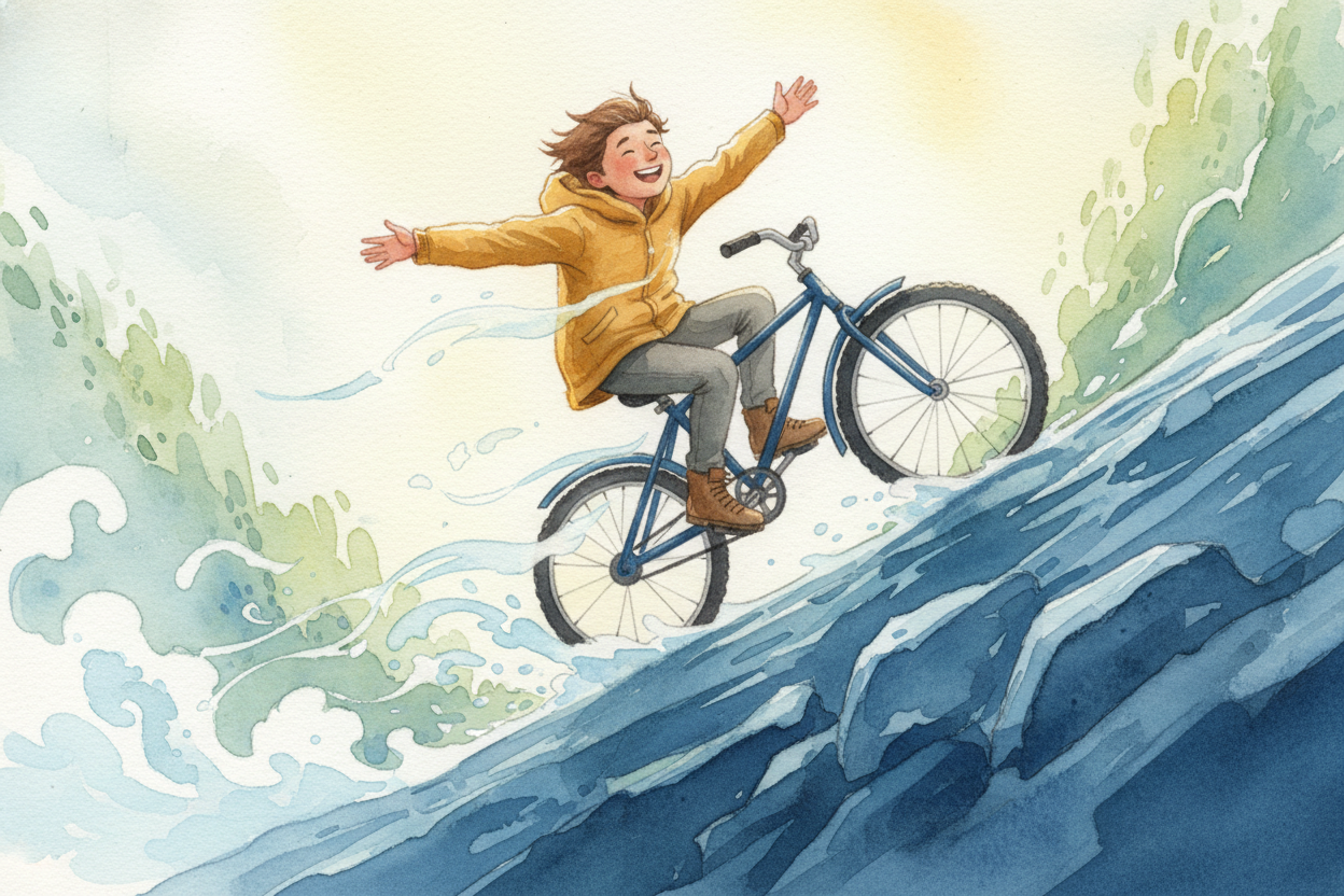 That drop creates **massive kinetic energy** — the energy of motion. Imagine riding your bike down ~~the world's steepes