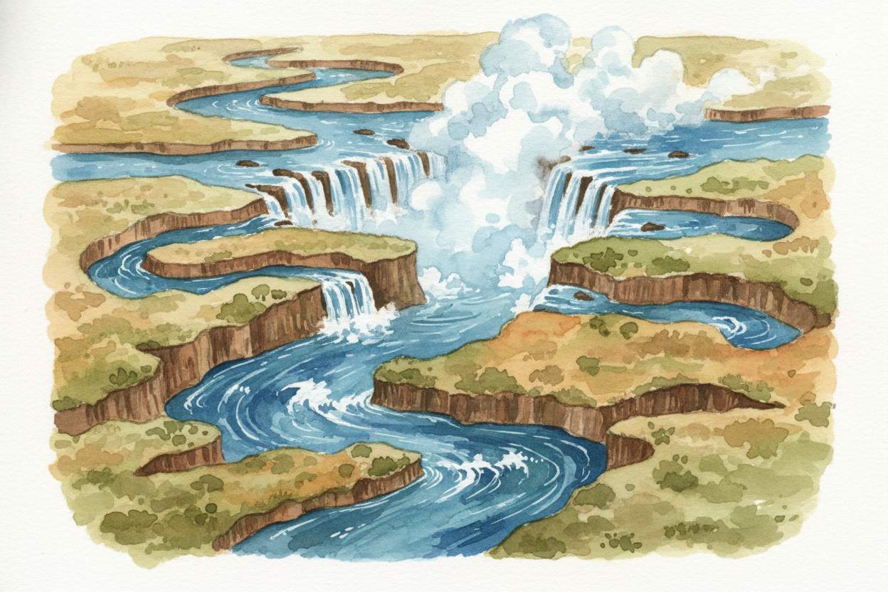 Over millions of years, that power has carved **eight different gorges** downstream, each one a former waterfall. Victor