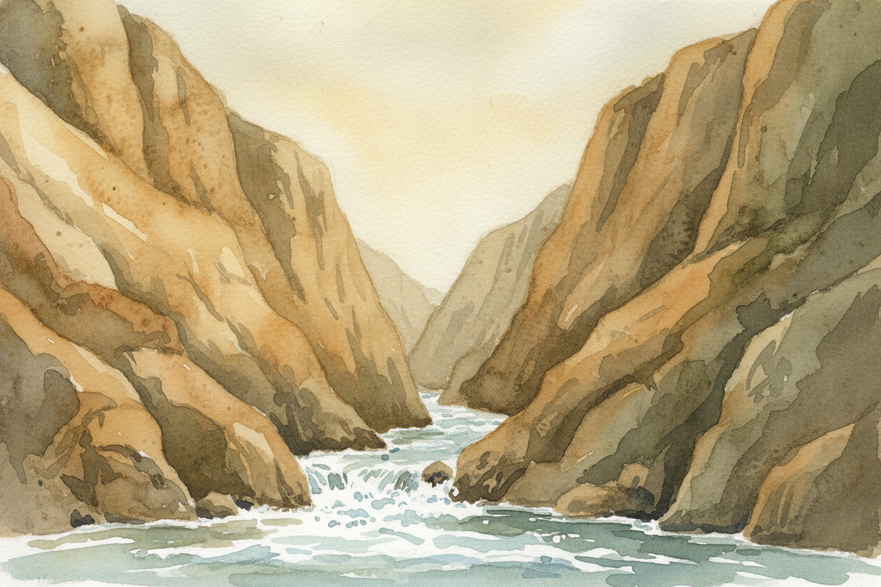 For millions of years, the ++Merced River++ gnawed a **V-shaped canyon** through the granite, narrow at the bottom where