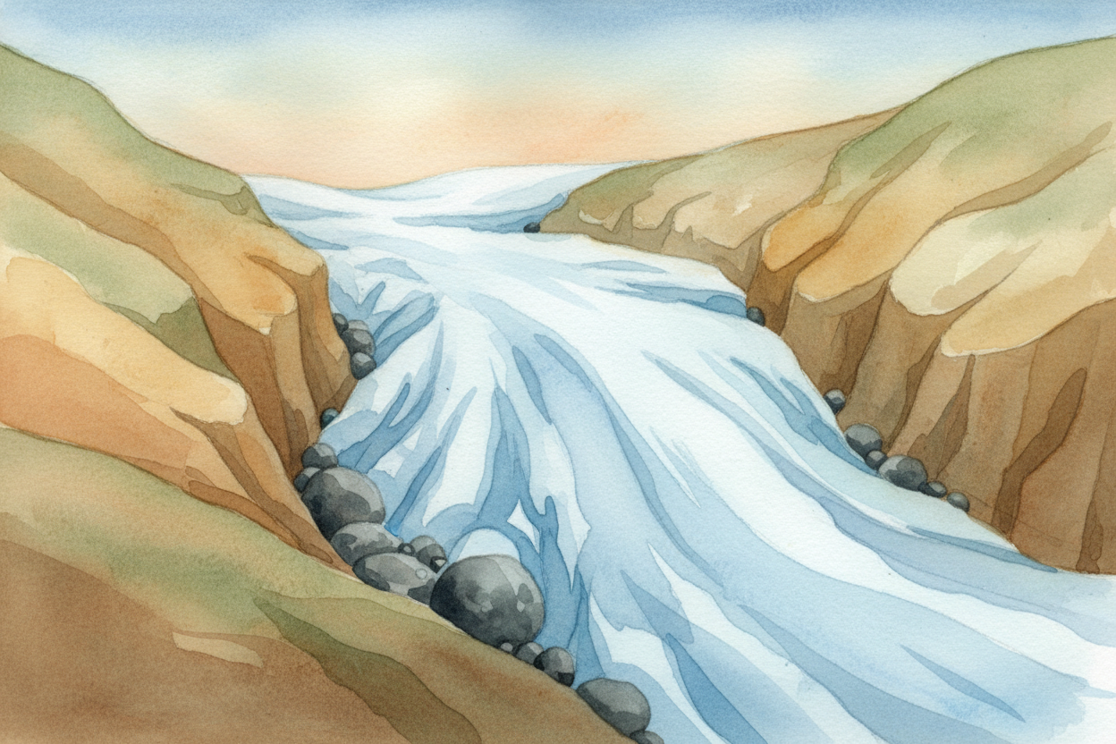 Then the ice arrived. During the ++Ice Age++, glaciers formed in the high mountains and flowed downhill like **frozen ri