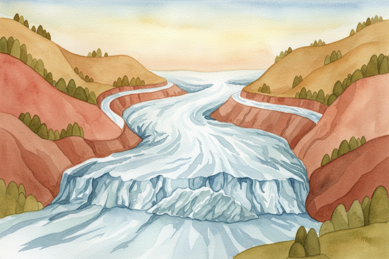 Glaciers are ~~picky about what they destroy~~. The main ice river — **thick and powerful** — *ground the valley floor i
