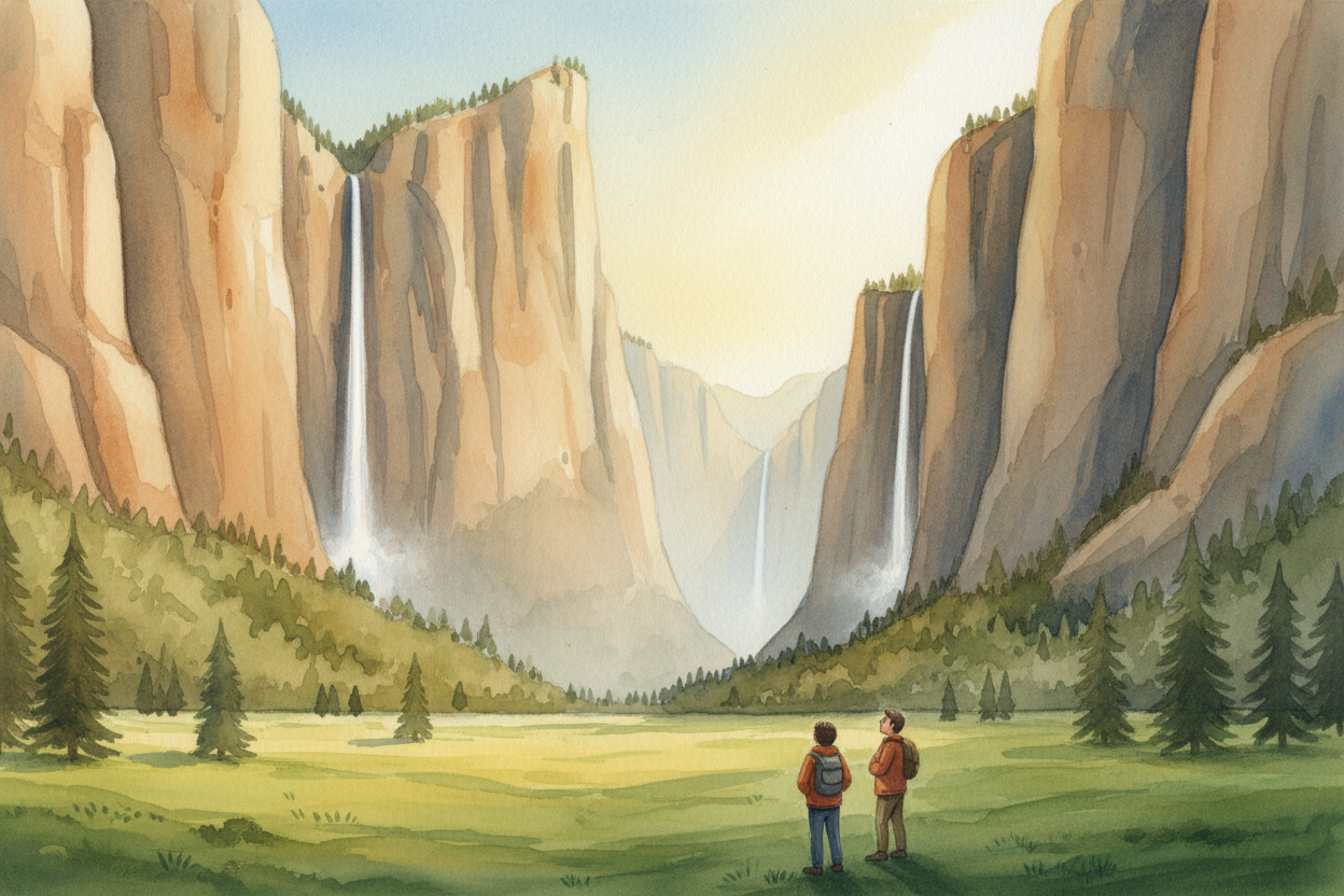 So ++Yosemite Valley++ is a sculpture made by **three artists working in sequence**: cooling granite cracked the stone i