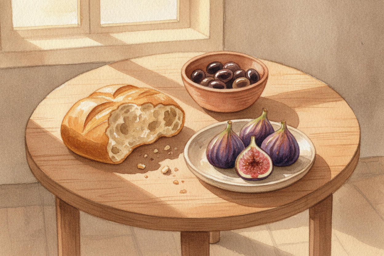 먼저 아침 식사예요. ~~별로 많은 걸 기대하지 마세요.~~ 보통 물을 탄 포도주나 약간의 올리브유에 찍어 먹는 빵, 어쩌면 올리브나 무화과 몇 개가 전부였어요. ++그리스 사람들은++ *가볍고 소박하게* 먹었지요.