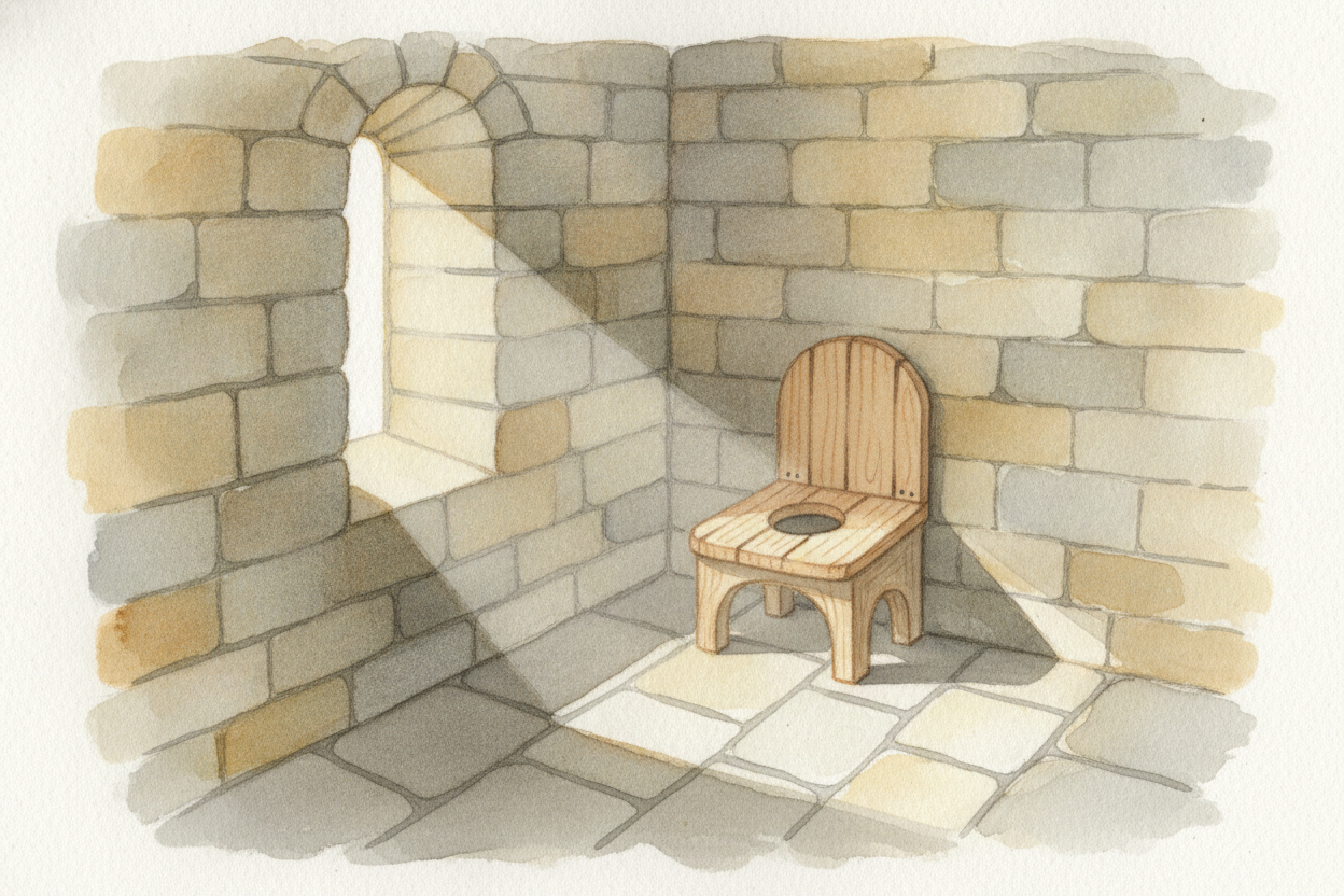 Now, the bathroom. There was no flushing toilet — instead, castles had a little stone room called a ++garderobe++, basic