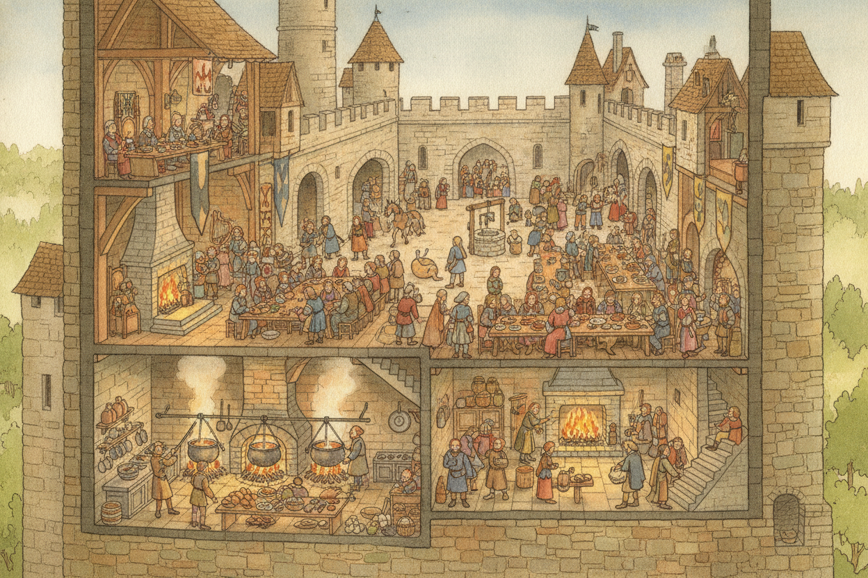 ~~So a medieval castle was really two things at once:~~ a **mighty fortress AND a bustling home**. *Strong walls on the 