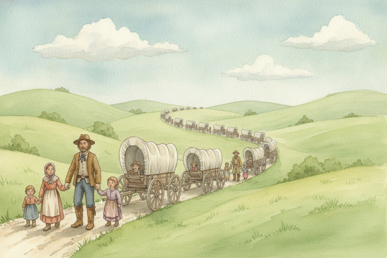 The journey itself was the first adventure. Families followed long dirt trails — the ++Oregon Trail++ was the most famou