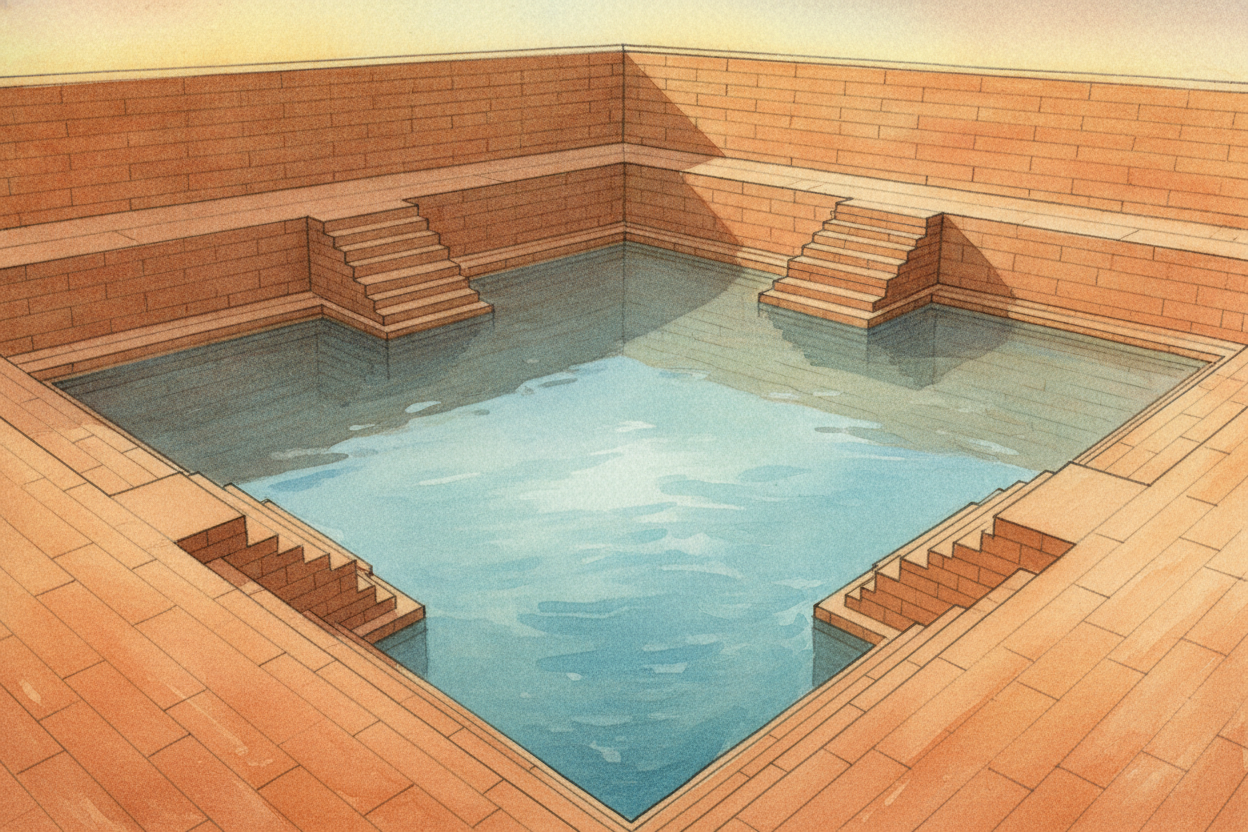 In the middle of ++Mohenjo-daro++ sat a strange, beautiful pool: the ++Great Bath++. It was a **big sunken tank**, lined