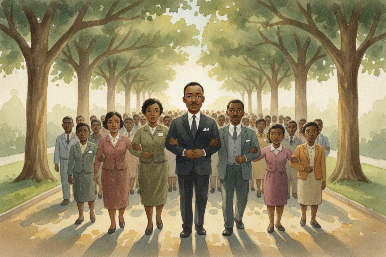 A young preacher named ++Martin Luther King Jr.++ helped lead the way. His big idea was **nonviolence** — _never fightin