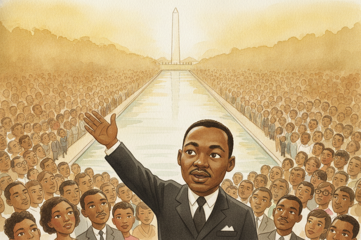 In 1963, hundreds of thousands of people gathered in Washington, D.C. There, ++Dr. King++ gave a famous speech about a d