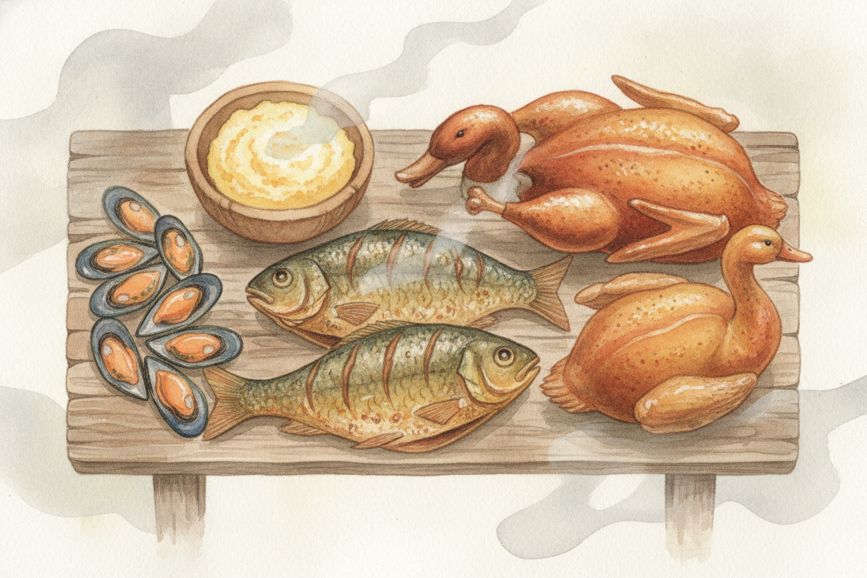 칠면조가 식탁에 있었을지도 몰라요. ~~하지만 더 큰 주인공은~~ **아마 오리, 거위, 사슴고기**였을 거예요. 해산물도 있었을 가능성이 커요. _여기는 결국 바닷가였으니까요._ *생선, 뱀장어, 조개류*를 떠올려