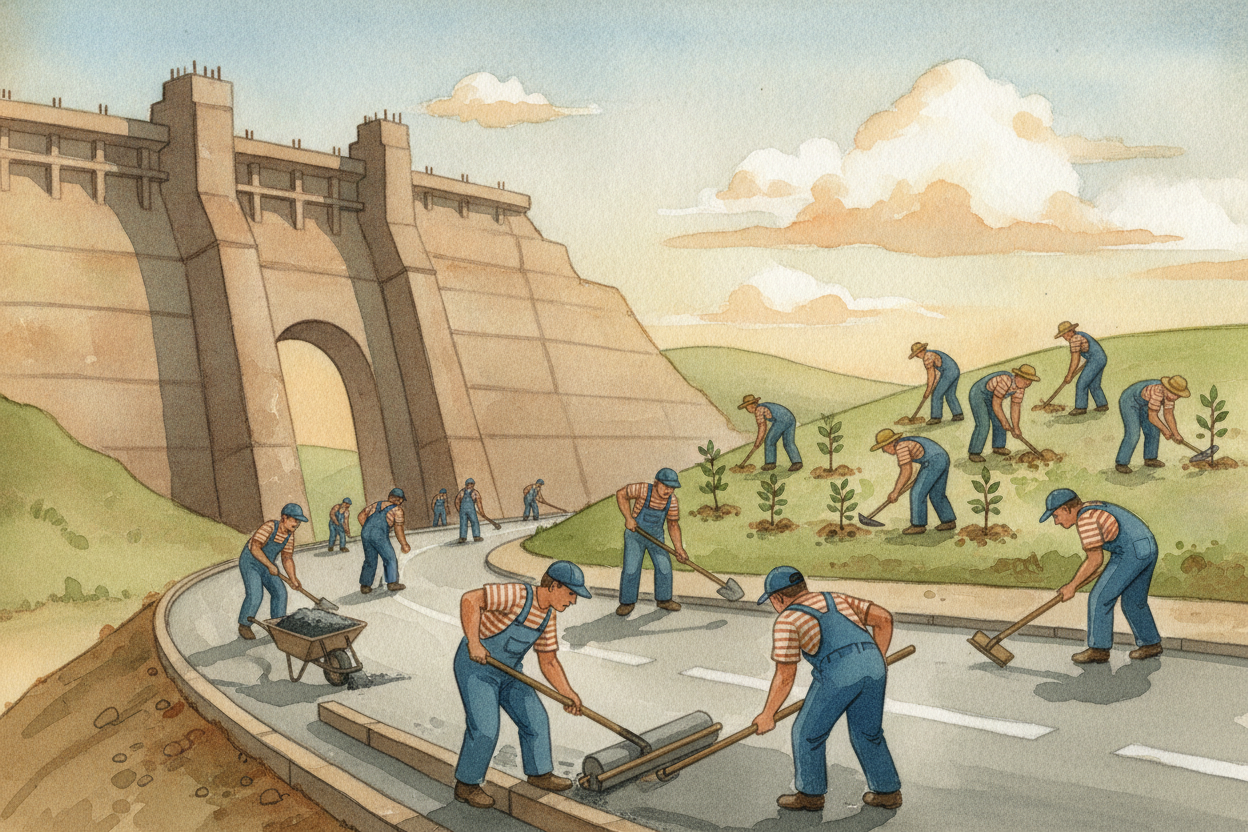 ~~And oh, what they built.~~ ++Roosevelt's++ programs put people to work raising bridges, schools, post offices, dams, a