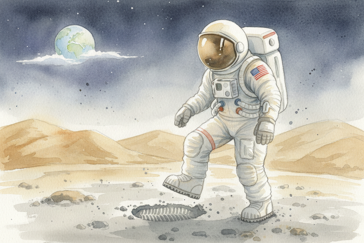 ++Neil Armstrong++ climbed down the ladder and pressed his boot into ++Moon++ dust no one had ever touched. _"That's one
