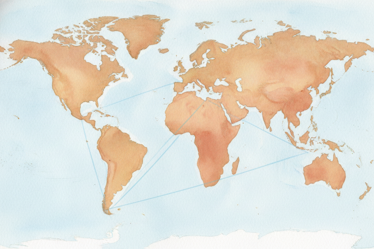 ~~First, picture the ocean in the middle.~~ The ++Atlantic++ is the wide blue sea between **three places**: Europe on on