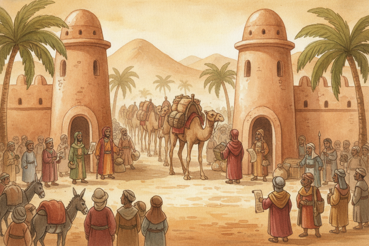 The kingdom of ++Ghana++ sat right in the middle of this trade — **like a toll booth on the world's busiest road**. Came