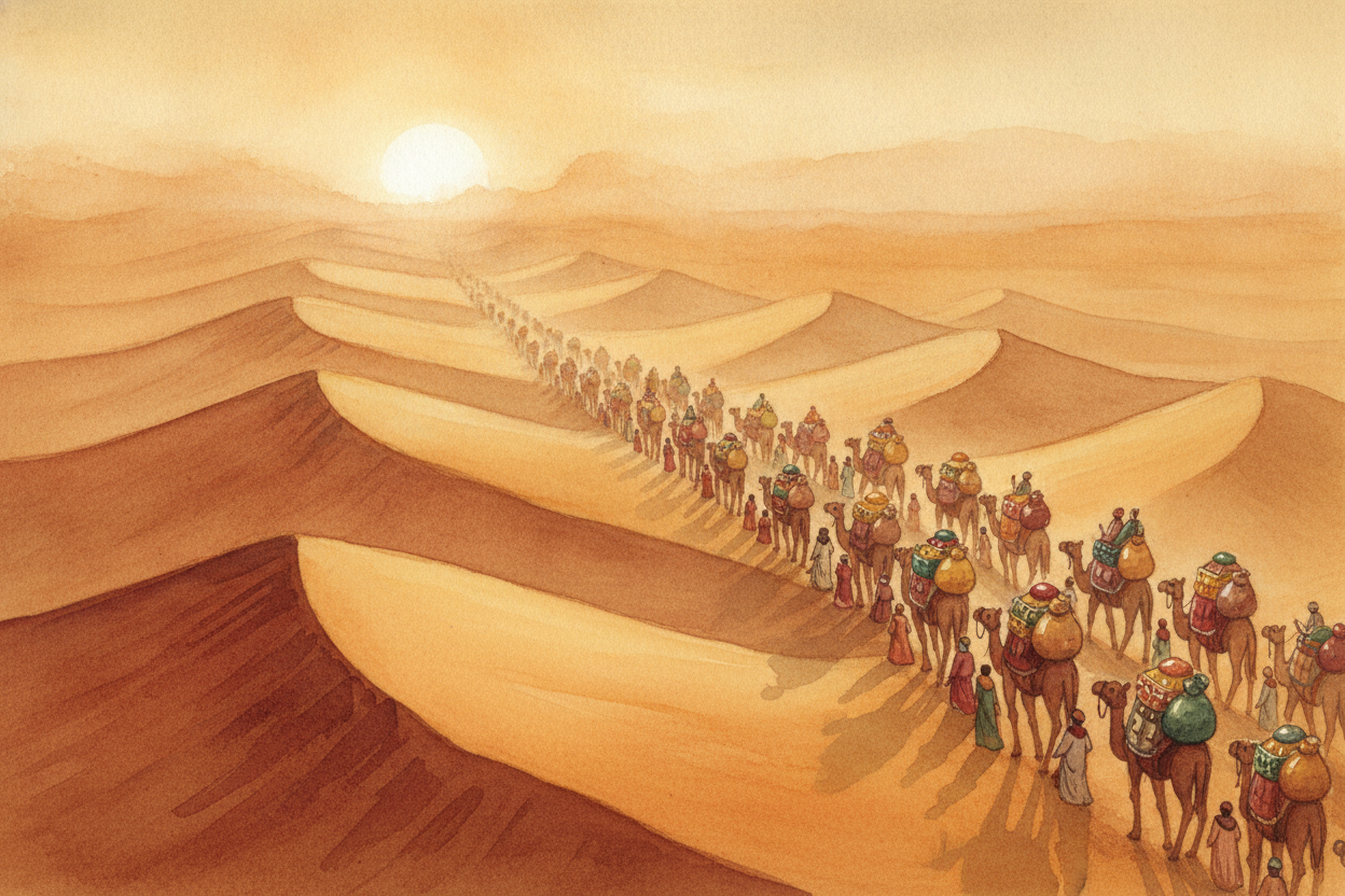 In the 1300s, ++Mansa Musa++ took a long journey across the desert to ++Mecca++. He brought a procession **so enormous**