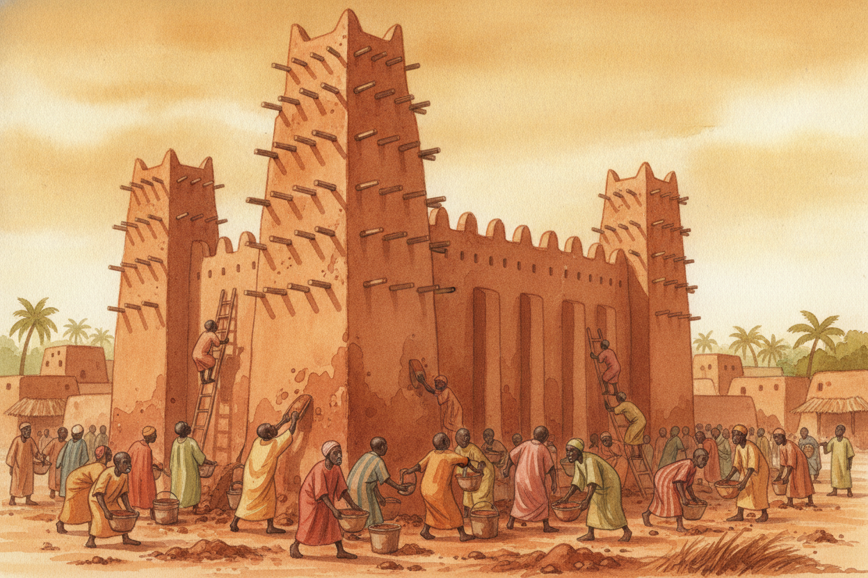 One building in Mali tells the whole story at once: the ++Great Mosque of Djenné++. It's the **largest mud-brick buildin
