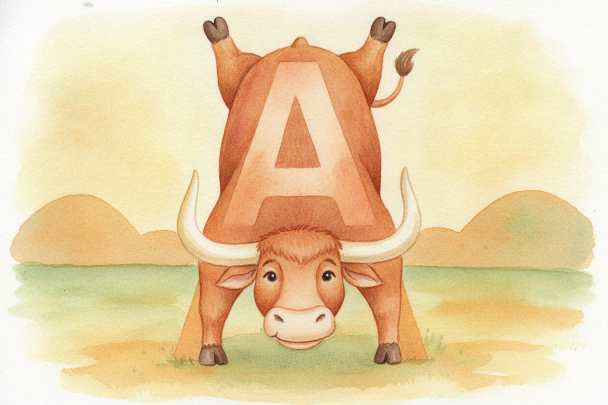 ~~And the ox?~~ He's still here. Every single time you write a capital A, **flip it in your mind** — _two horns, one hea