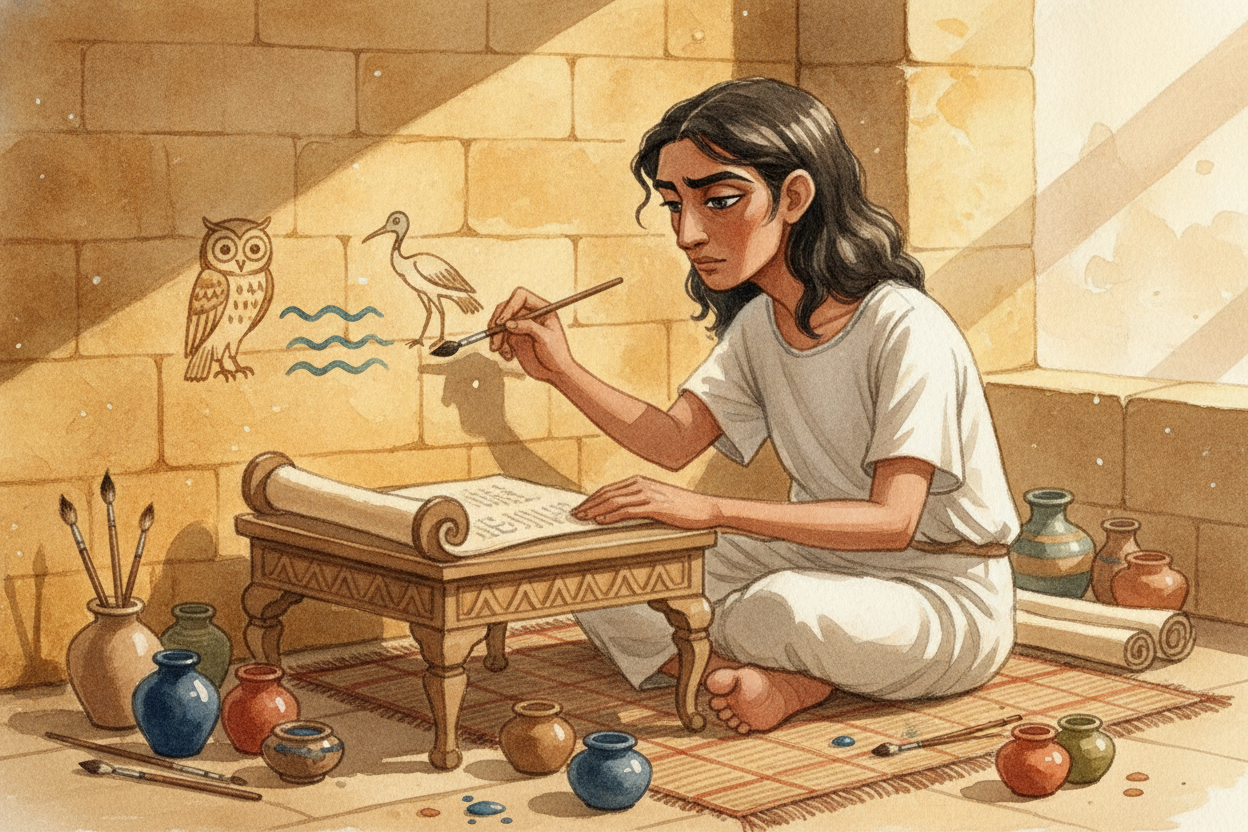 Our story starts **over 5,000 years ago**, but not with an alphabet. The first writing was just pictures. In ancient ++E
