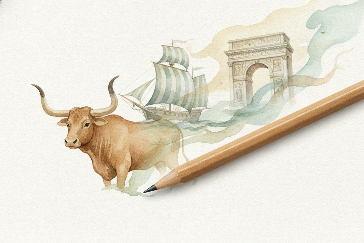 ~~So the next time you scribble your name~~, remember the **long, strange journey** in your hand. An ox in the desert. A