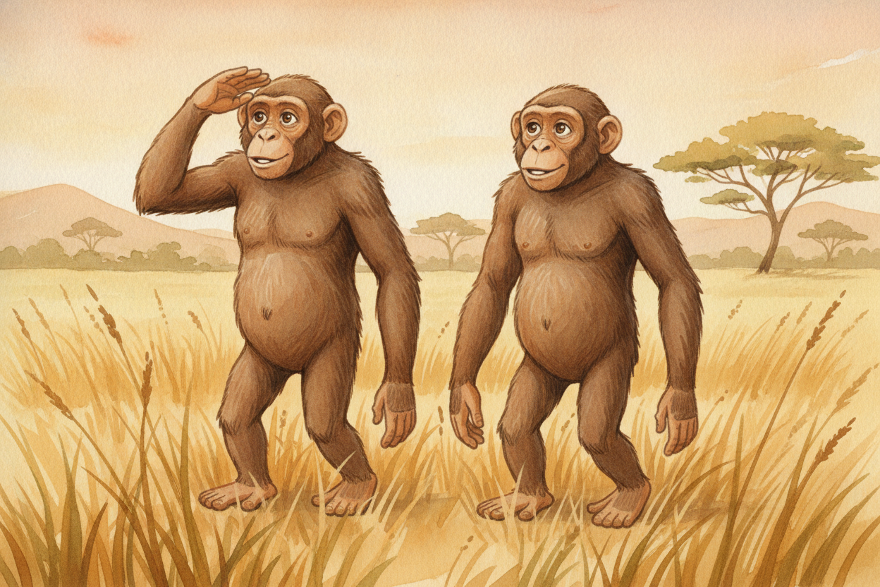Long ago in ++Africa++, there lived apes who walked around on two legs. They weren't people yet. They had smaller brains