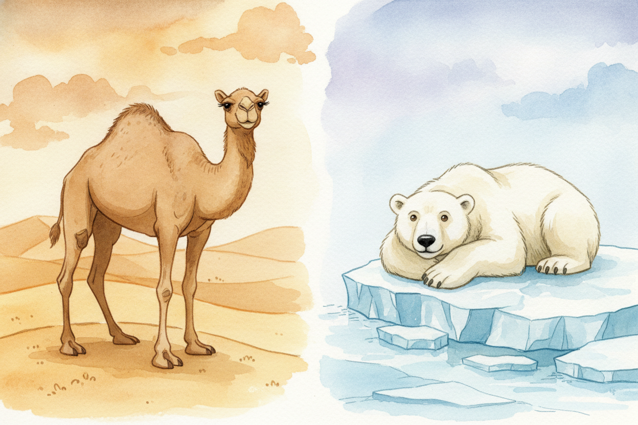 ~~Here's the clever part:~~ each animal's body is **shaped to match** one kind of place. A camel's broad feet and water-