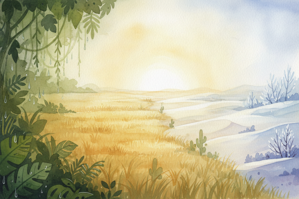 That's why the world sorts itself into big habitat types, called ++biomes++. **Hot, dry deserts**. Cold, treeless tundra